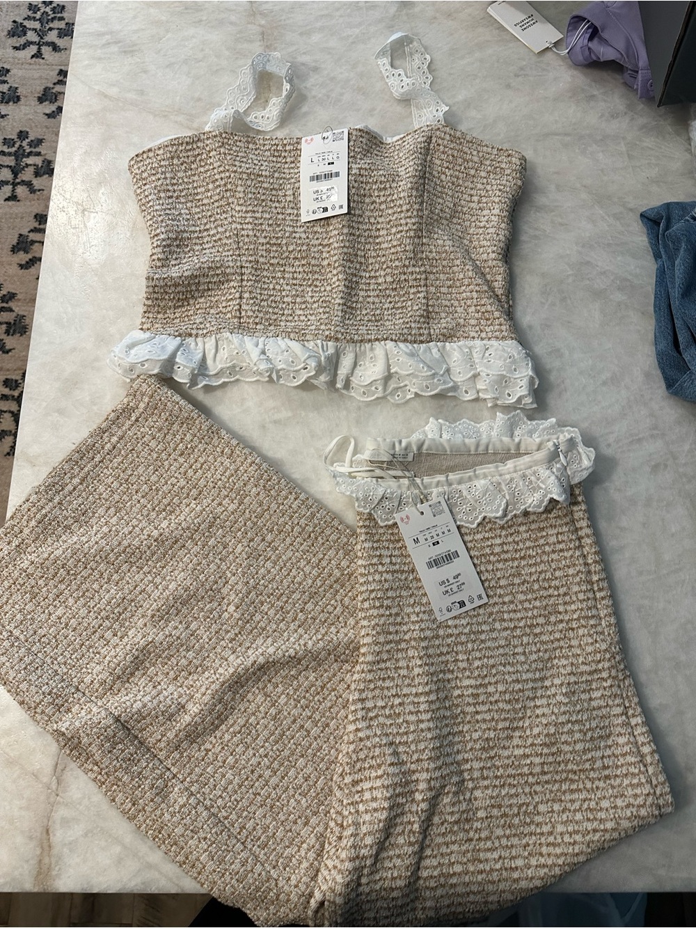 ZARA Women’s Beige Tweed Two-Piece Set with Eyelet Trim